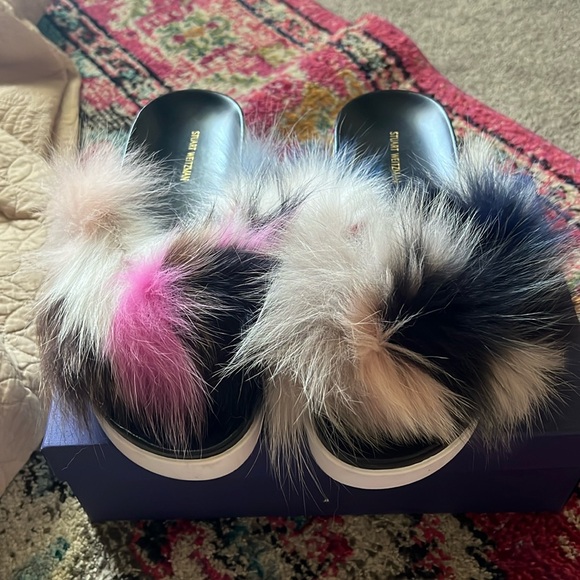 Stuart Weitzman Sublime REAL Multi-Color Fox Fur Sandals Slides Flats Slippers - Picture 1 of 16